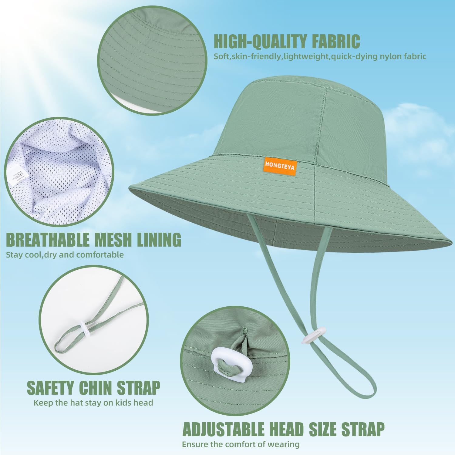 Baby Sun Hat Kids Summer UPF 50+ Toddler Bucket Hat Wide Brim Adjustable Beach Hats for Boys Girls Age 0-6 Years - Image 4