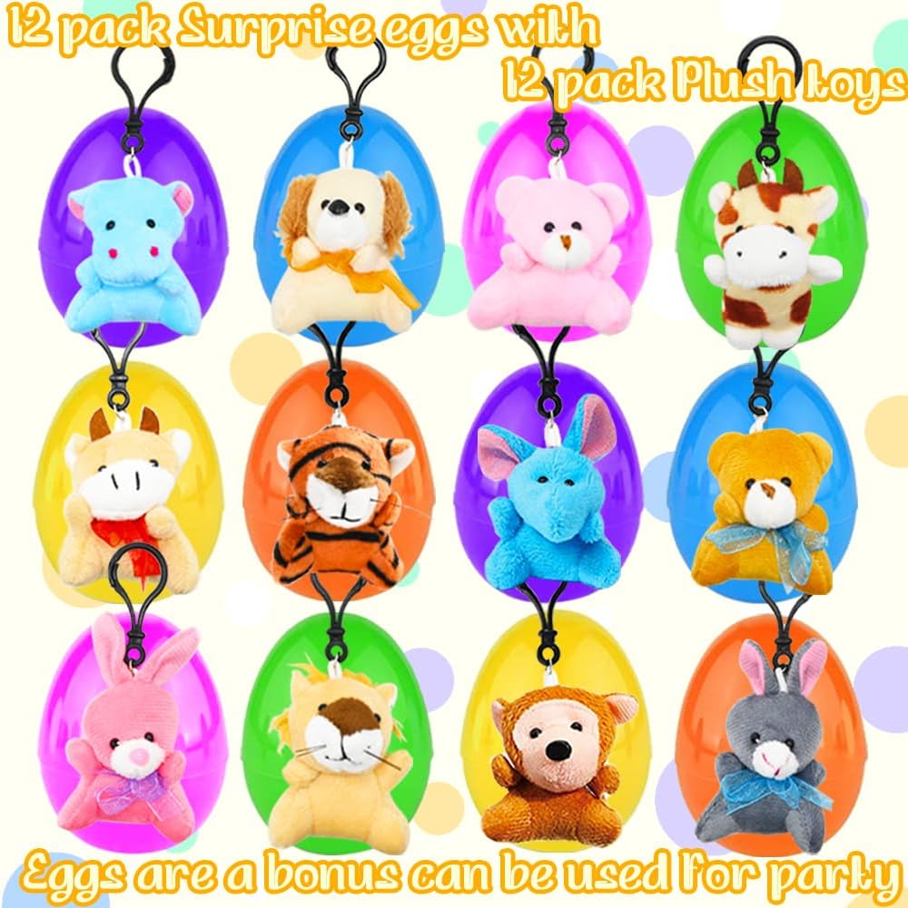 CAMIRUS 12Packs Filled Easter Eggs with Mini Plush Animal Toys, Cute Stuffed Animals Keychains Filled Surprise Plastic Eggs for Kids Easter Basket Stuffers, Hunt, Easter Party Favors Supplies