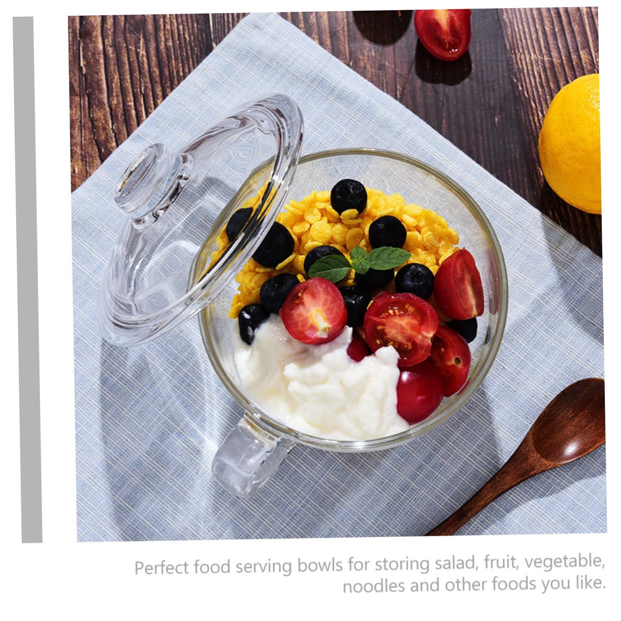 SHOWERORO Tazón de Vidrio Transparente con Tapa y Asa Cuenco para Ensalada Postre y Desayuno Resistente y Elegante para Uso Diario y Reuniones Familiares