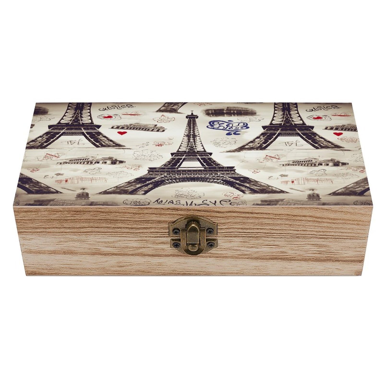 VstaDank French Paris Tour Eiffel Tower Wooden Storage Box Wooden Keepsake Box with Hinged Lid Exquisite Solid Wood Decorative Jewelry Case Memory Box for Jewelry Photos Letters Crafts Trinkets