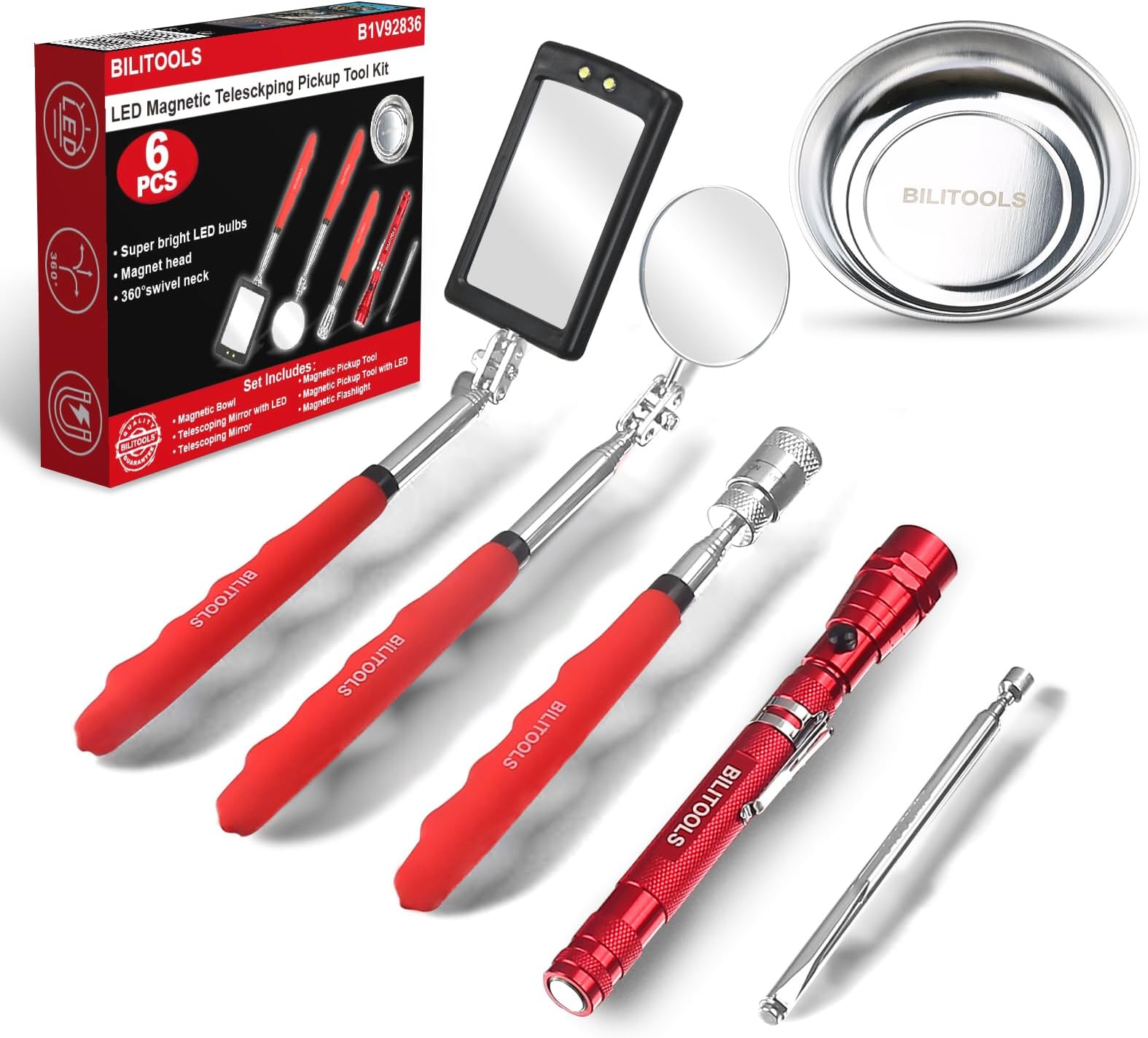BILITOOLS 6 Piece Telescoping Magnetic Pickup Tool Set, Extendable Mechanic Magnet Retrieval Tool Set Ideal Father's Day Gifts Gift for Men Dad Husband & Brother