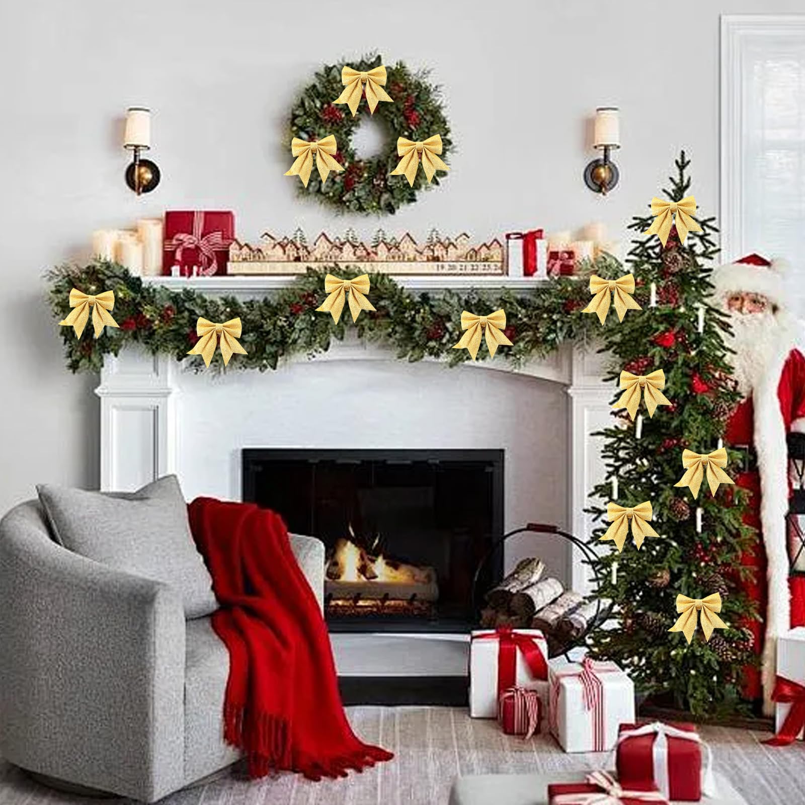 Lazos de Navidad dorados champán con lentejuelas para decoración de árbol de Navidad