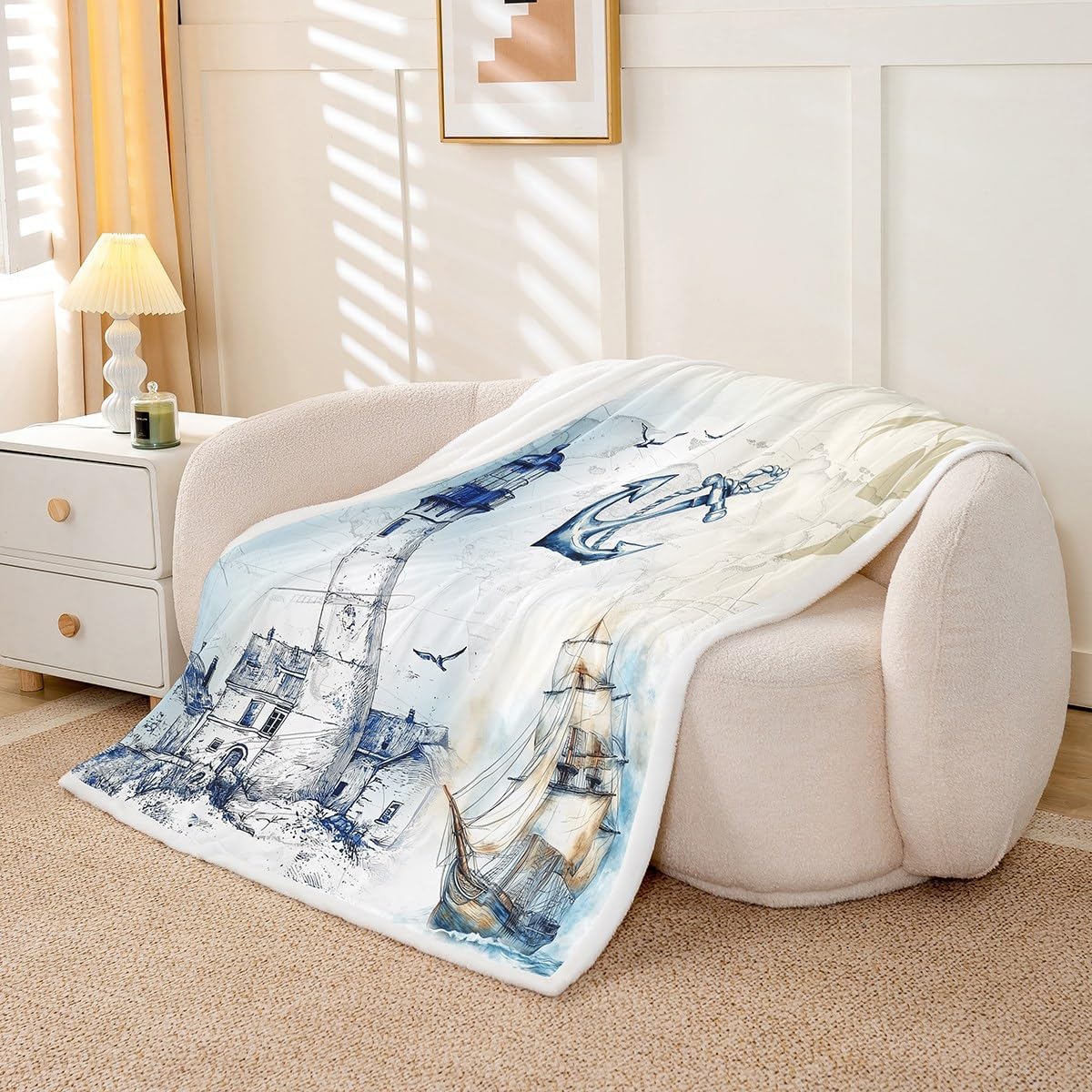 jejeloiu Beacon Fleece Throw Blanket Throw 50"x60" Nautical Sherpa Blanket Plush Fuzzy for Boys Girls Teens Sailboat Printed Canal Blue