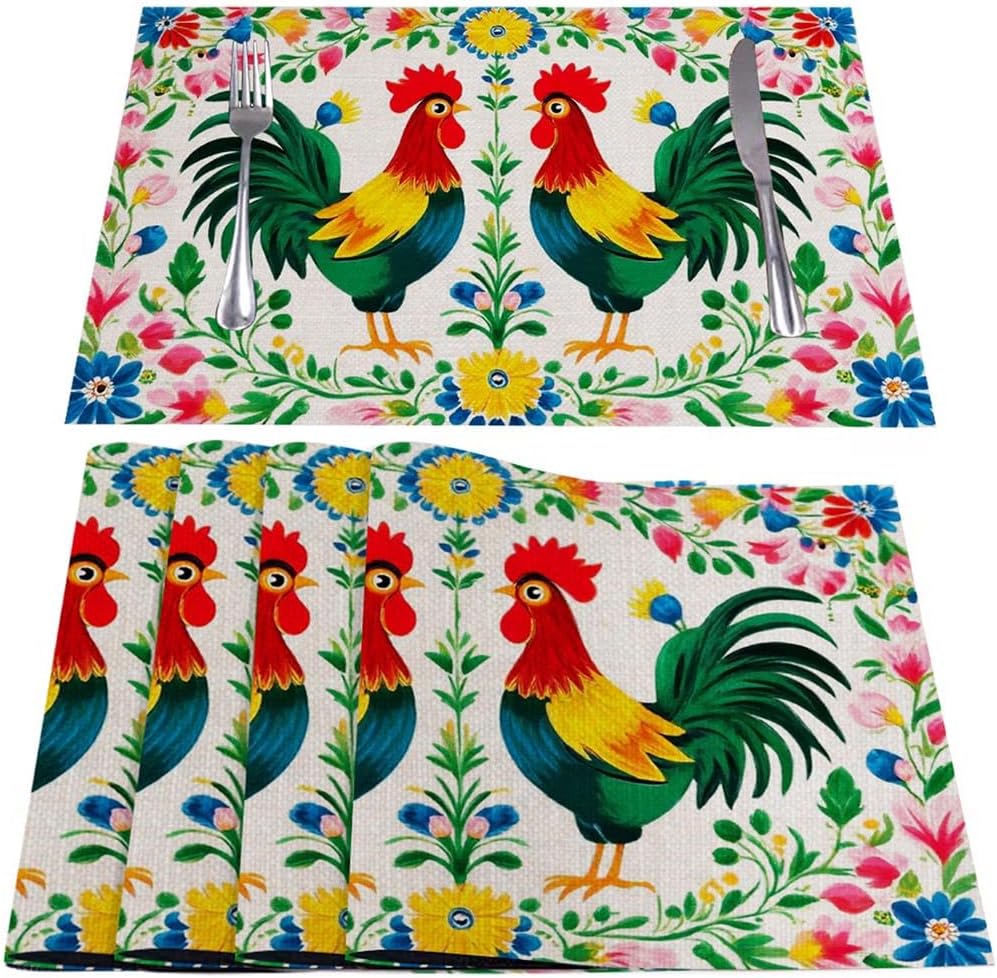 Mugod Poland Flowers Placemats Polish Floral Folk Art Square Pattern with Rooster Decorative Heat Resistant Non-Slip Washable Place Mats for Kitchen Table Mats Set of 4 12"x18"