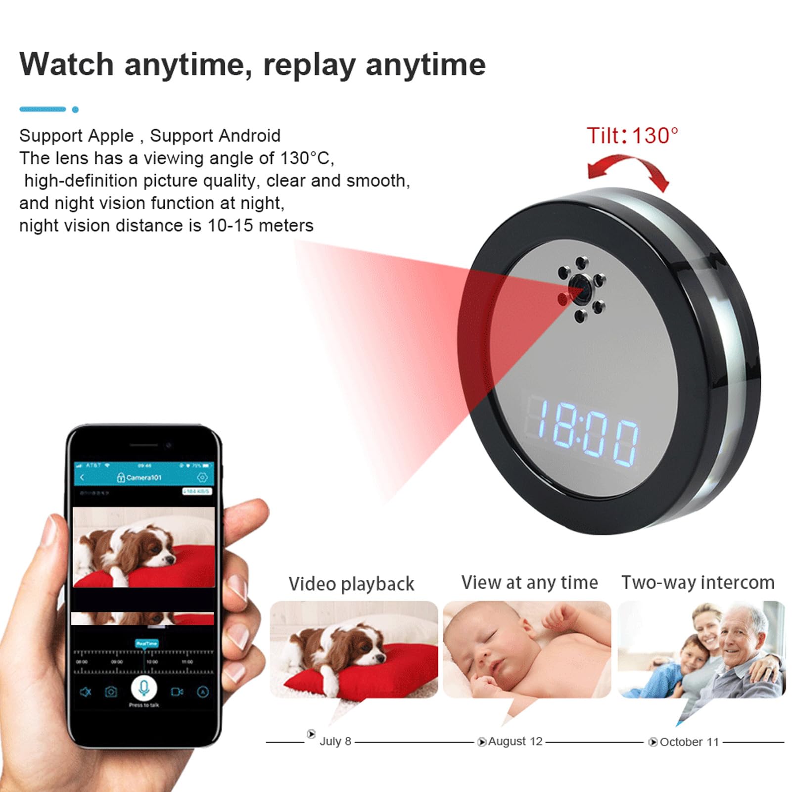 Bezprzewodowa Kamera Z Zegarem WIFI, Noktowizor/kolorowe światło/dwukierunkowe Audio/Wi-Fi/wykrywanie Monitorowania/zegar, Bezprzewodowa Kamera 2MP Do Opieki Nad Dziećmi, Opieka Nad Zwierzętami, Monit