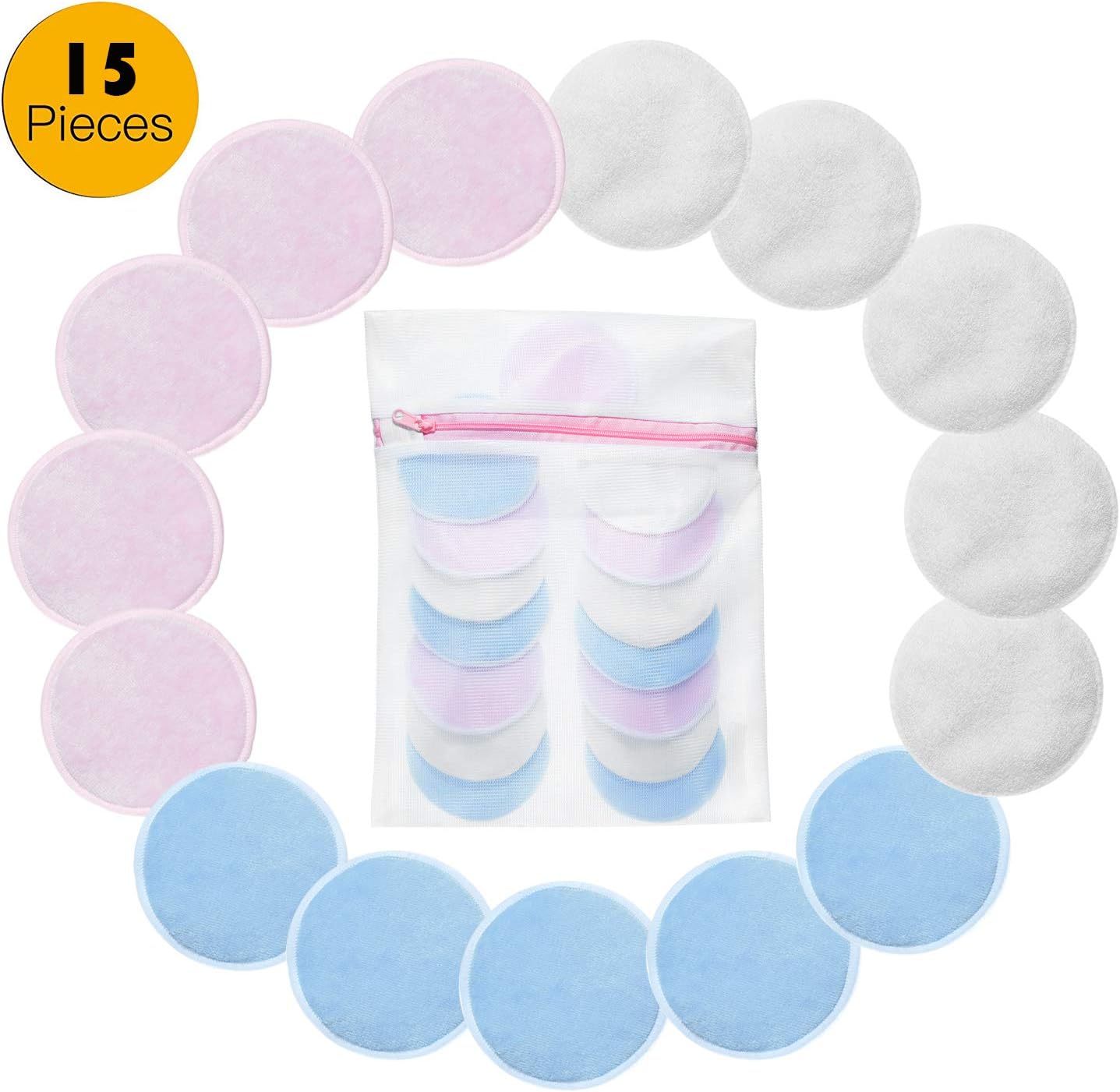 Makeup Remover Pads 15 Pack with Laundry Bag Washable Bamboo Cotton Pad Reusable Soft Facial and Skin Care Wash Cloth Pads