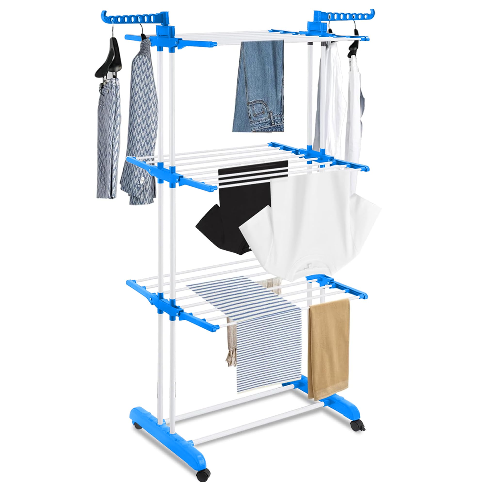 Asab Blue Foldable Clothes Airer Retractable Clothes Drying Rack Laundry Dryer Ample Drying Space Rust Resistant Stainless Steel Space Saving Indoor Outdoor Air Dryer (4 Tier Foldable Clothes Airer )