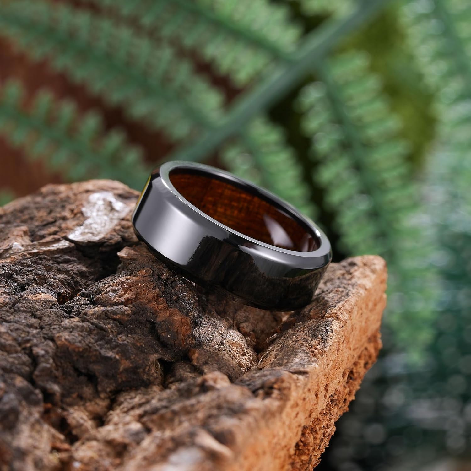 King Will 8mm Silver Black Titanium Ring Inlaid Wood Inner Hole Wedding Band for Men High Polished Beveled Edge Comfort Fit Size 7-14 - Image 3