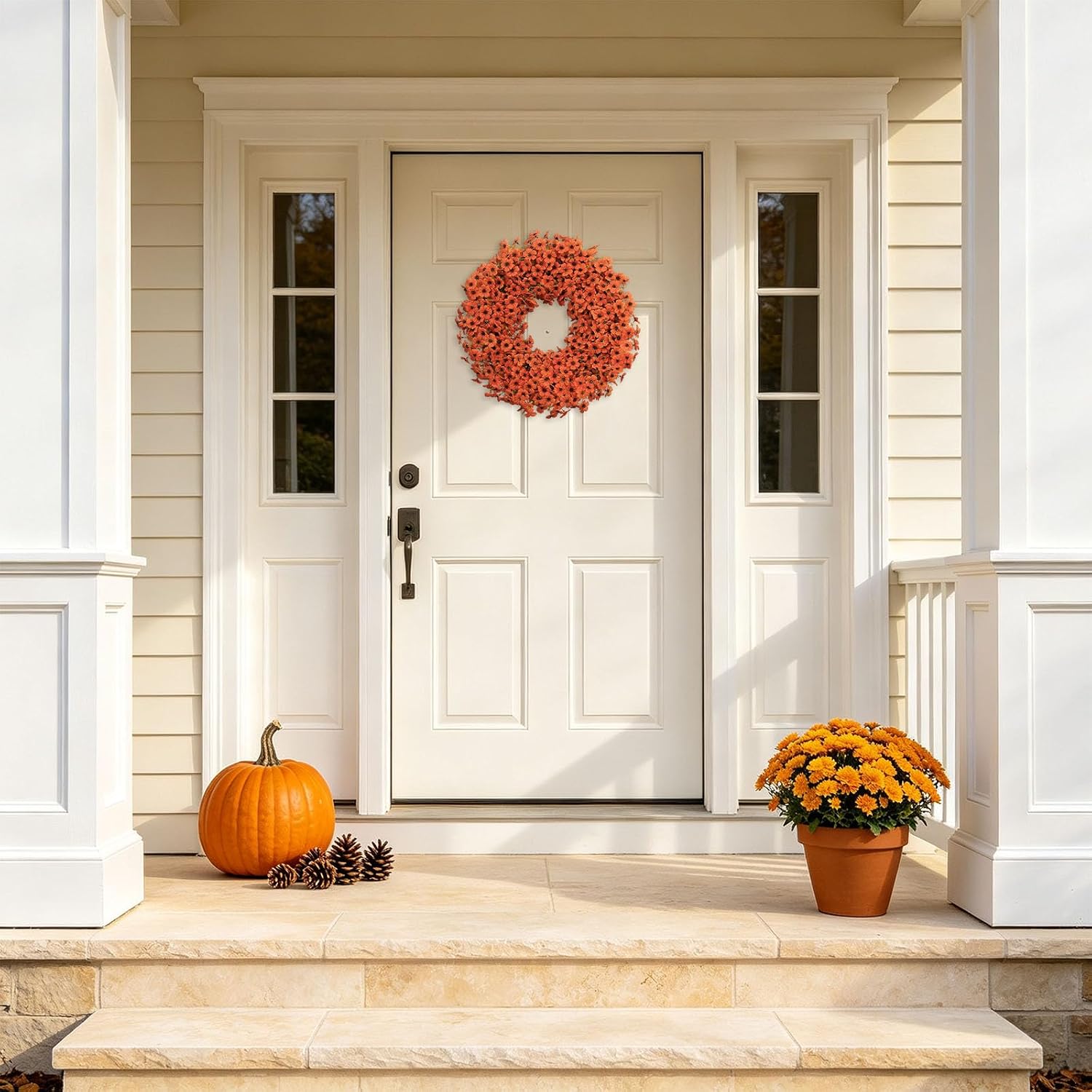 20" Orange Fall Wreath for Front Door, Artificial Mums Autumn Wreath
