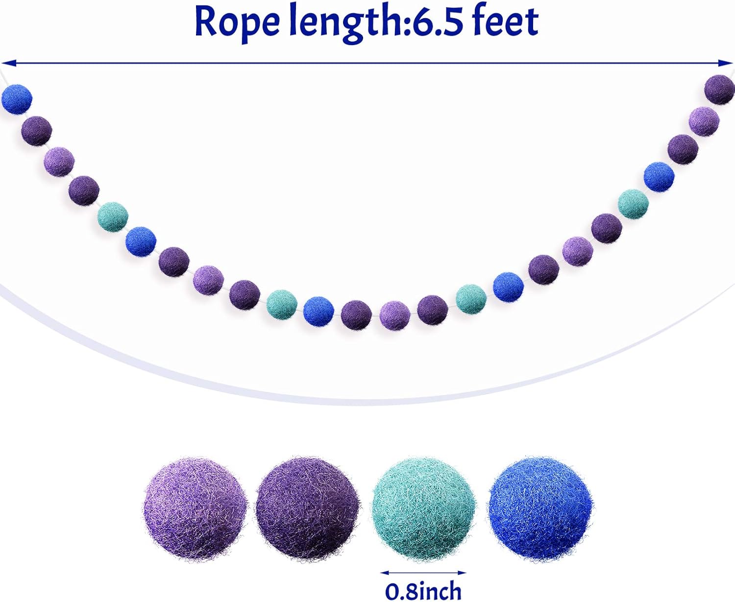 Boao 2 Pcs Wool Felt Ball Garland 6.5 ft 24 Balls Winter Christmas Pompom Garlands Hanging Decoration for Wall Classroom Home Party Decor Photo Prop(Purple, Deep Purple, Light Green, Gray-Blue, Pink) - Image 2