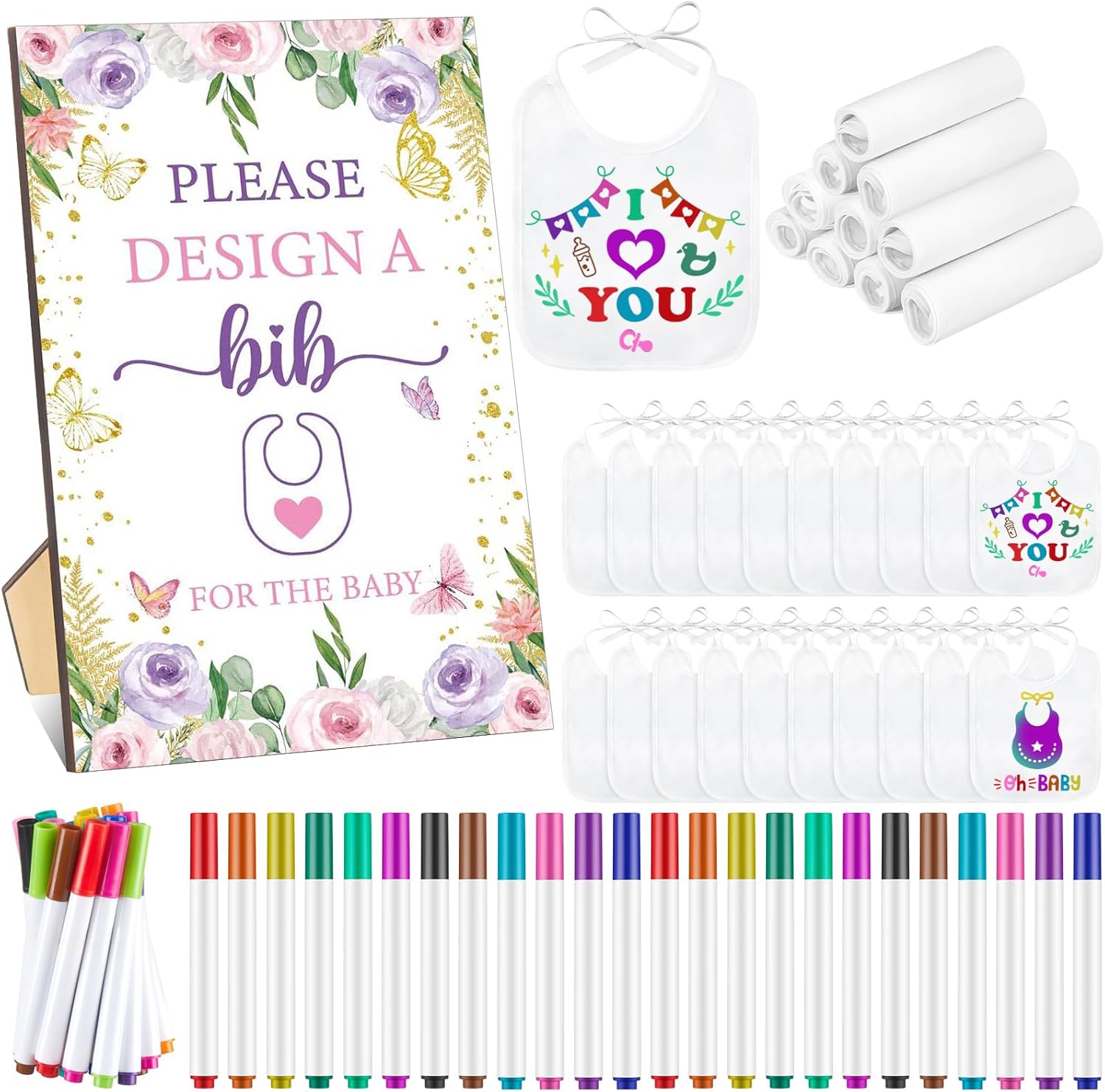 Qeeenar 50 Pcs Baby Shower Game White Bib Kit Include 1 Wooden Baby Shower Game Sign 25 DIY Blank White Bibs 24 Colorful Markers(Butterfly)