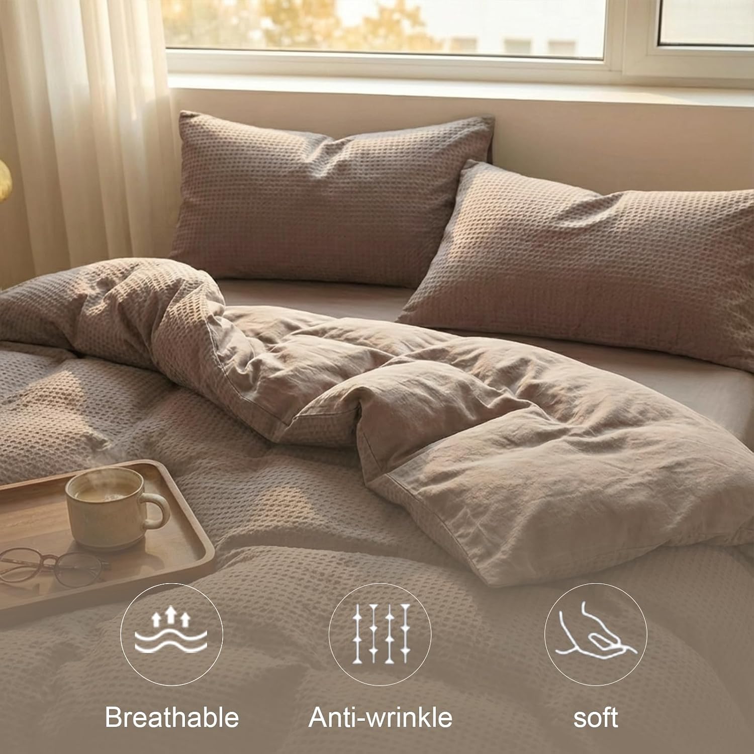 Cotton Duvet Cover Queen,100% Cotton Waffle Weave Brown Duvet Covers Queen Size,Luxury Textured & Breathable 3pcs with 2 Pillow Shams for All Season 90x90 Inches
