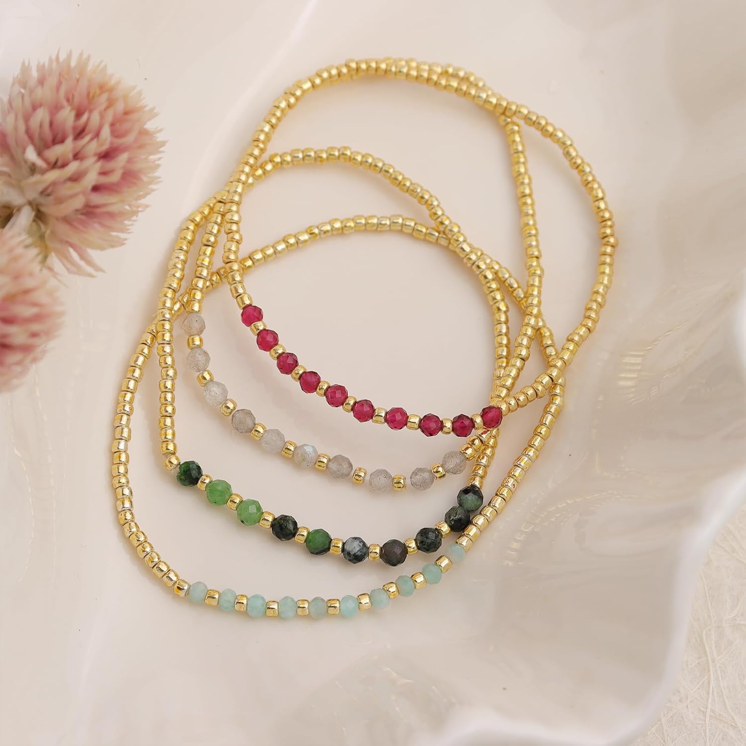 Gold Seed Beaded Friendship Bracelets Set for Women, Boho Gemstone Stretch Summer Jewelry Gift. - Image 3