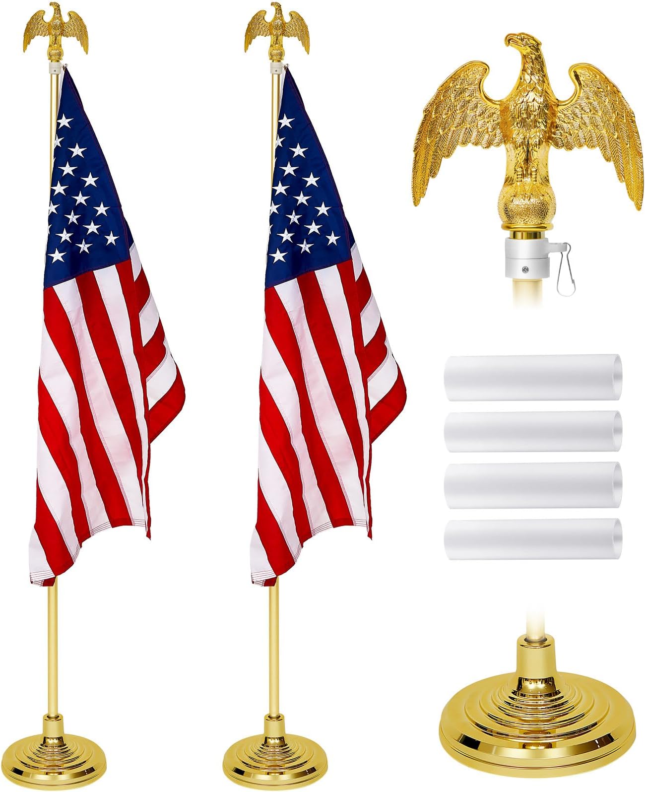Shimeyao 2 Pack 8 ft Indoor Flag Pole Set with Base and Eagle Topper, Telescoping Flagpole with Stand Holder for Office, Hall and City Display, Flag Not Included(Gold,Aluminum)