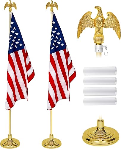 Shimeyao Juego de 2 mástiles de bandera para interiores de 8 pies con base y decoración de águila de alta resistencia con soporte de bandera para