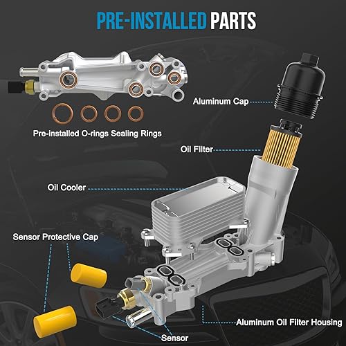 Miniatura 3 de 926-959 Enfriador de aceite de motor de aluminio, carcasa para filtro de aceite 3.6L Adaptador para 2017-2018 Chrysler 200 300 Jeep Cherokee Grand
