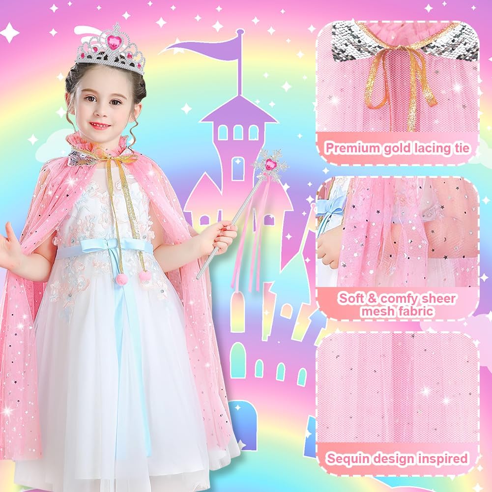 Vicloon 11PCS Princess Cape Set, Princess Dress Up Cloak With Crown, Wand, jewelry, and bag, Princess Dress Up Clothes for Little Girls, Princess Cape for 3+ Year Old Christmas Birthday Gifts(Pink) - Image 3