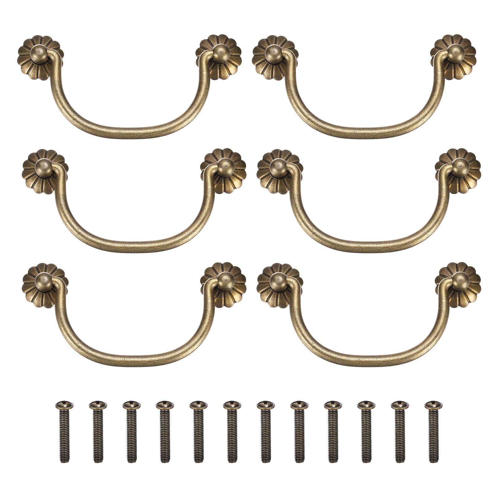 sourcing map 6Pcs 3.54 Inch Brass Drawer Pulls and Knobs with Double Mounting Holes, Vintage Ring Drawer Pulls with Screws Flower Shape for Cabinet Dresser Closet Cupboard, Bronze