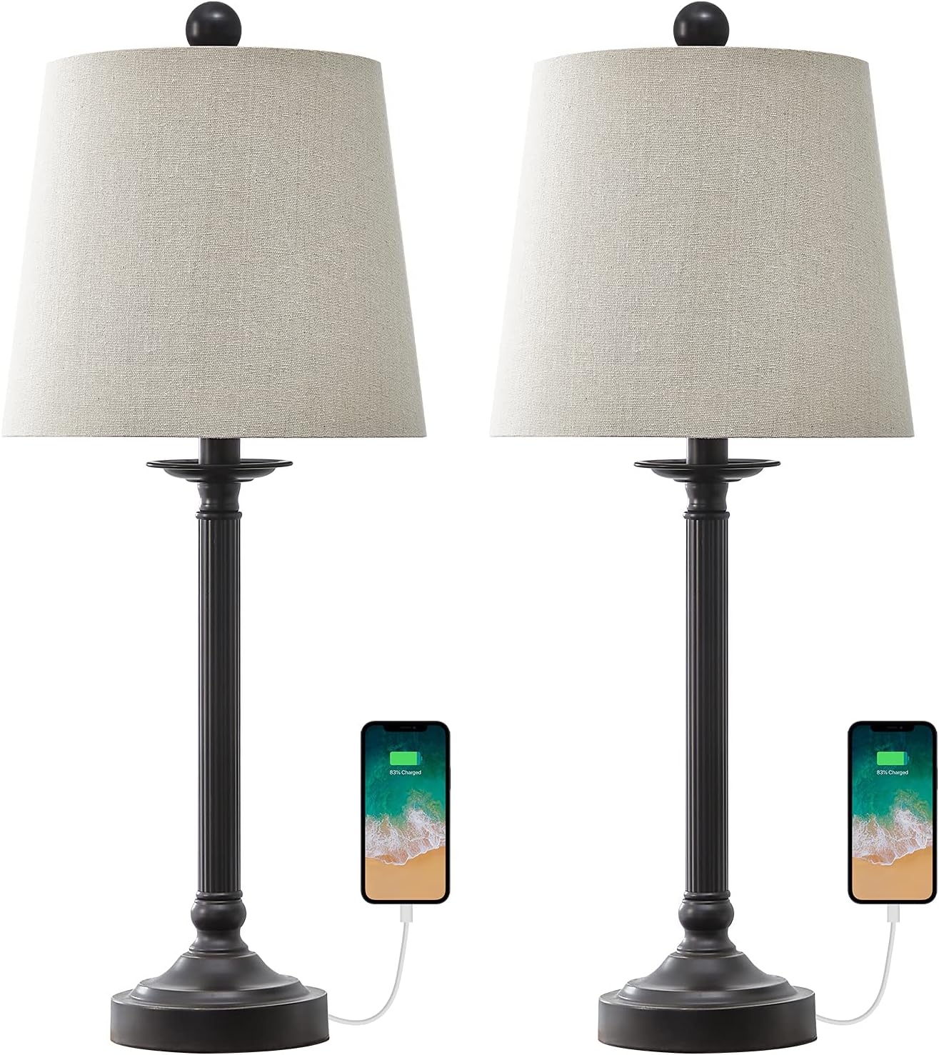 BOBOMOMO USB Modern 25'' Table Lamp Set of 2 for Living Room Bedroom Nightstand Bedside Desk Lamps Fabric Shade (Brown)