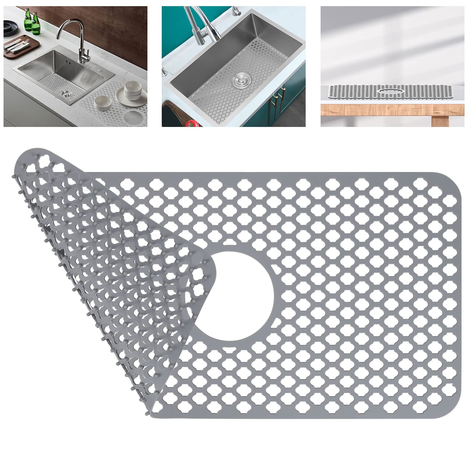 Sink Protectors for Kitchen Sink, 24 inch x 12 inch Heat Resistant Kitchen Sink Mat for Bottom of Stainless Steel/Porcelain Sink with Center Drain,No-Slip Sink Grid Accessories(Grey)
