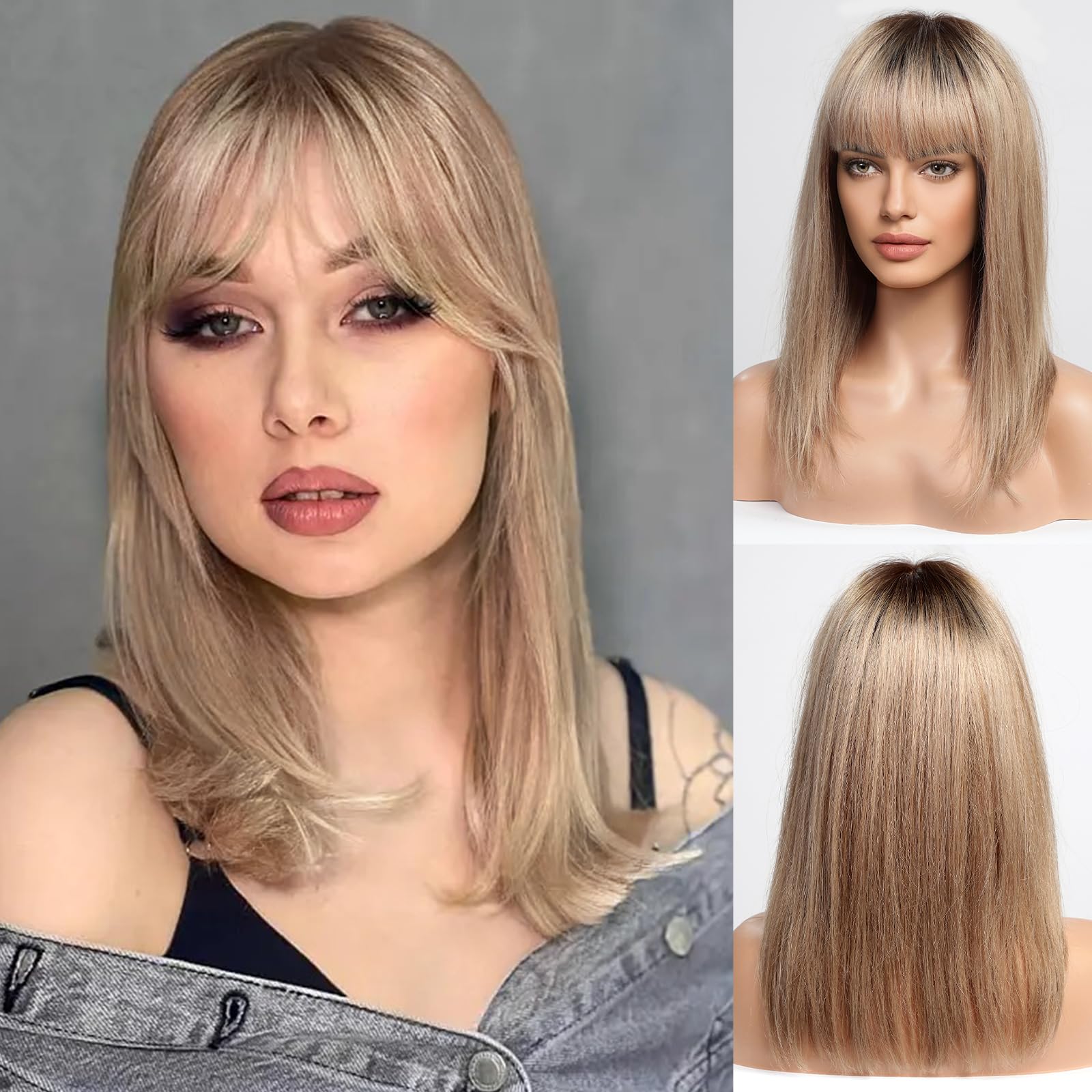 BLONDE UNICORN 16 Inch Bob Wig with Bangs Human Hair,Ash Brown Bob Wigs for White Women,100% Human Hair Shoulder Length Wigs for Daily Use 180 Density