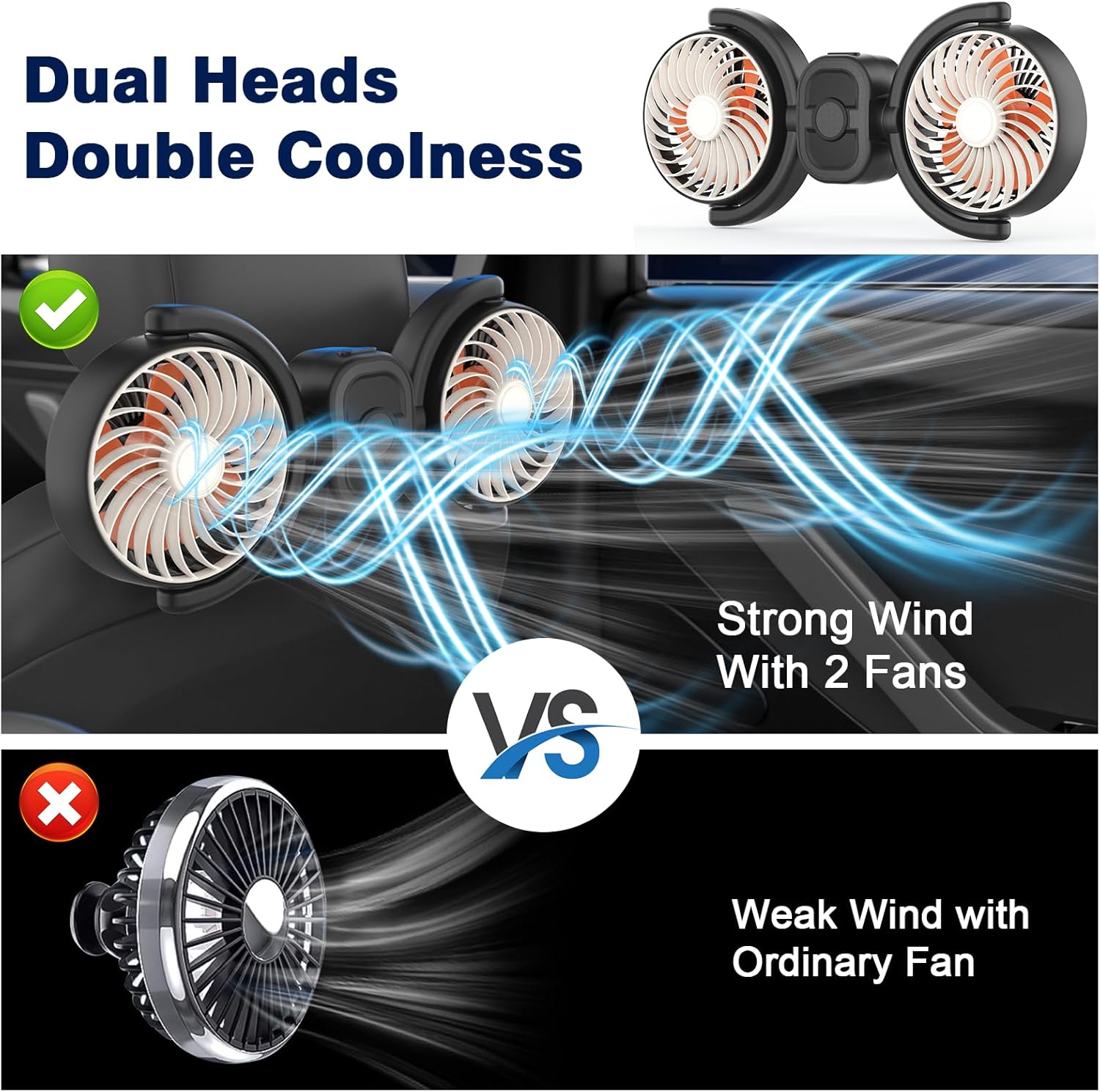 Backseat Car Fan For Kids: Battery & USB Powered 5V/2A Rear Seat Car Cooling Fans, 3 Speed Independent Control, 360° Rotatable Auto Headrest Cooler For Vehicle Sedan Truck Pickup Air Circulation