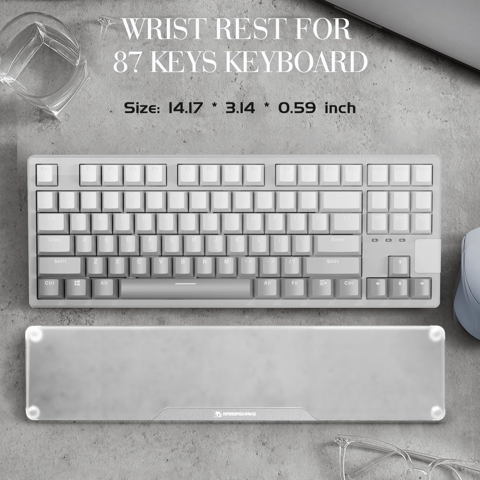 MAMBASNAKE Handgelenkauflage für Tastatur, Tastaturpad aus Acryl für TKL 80% Tastatur - Ergonomic Wrist Rest für Büro/Spiele/Tippen/Laptop - Premier Clear Acryl - Rutschfeste Füße - Silber