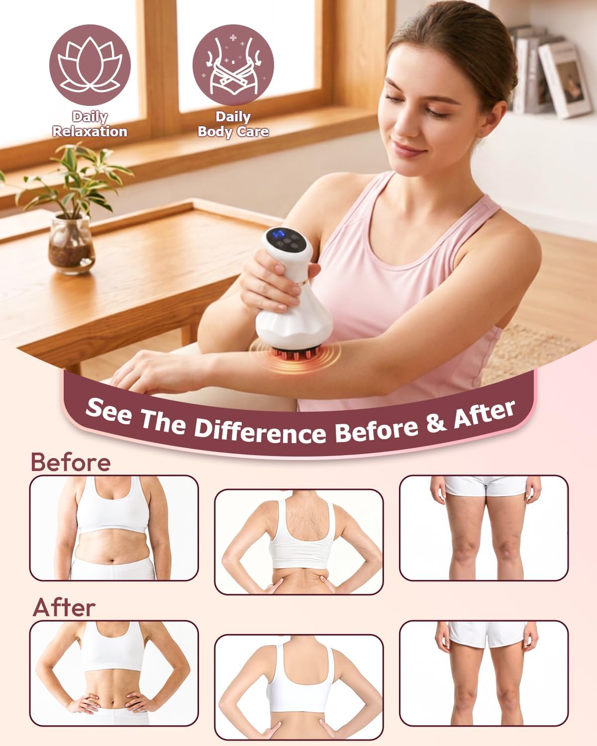 Lymphatic Drainage Massager & Anti Cellulite Massage Tool, Rechargeable Body Sculpting Machine with Heat, Light, Soothing Pulse & Vibration, Fascia Massage Tool for Belly, Legs, Arms