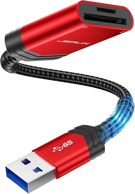 JSAUX SD Card Reader, USB 3.0 High-Speed Dual Slots SD/TF Memory Card Reader Adapter for SD, SDHC, SDXC, MMC Micro, RS MMC, Micro SD/SDHC/SDXC, UHS-I for Mac OS, Windows, Linux, Chrome OS - Red