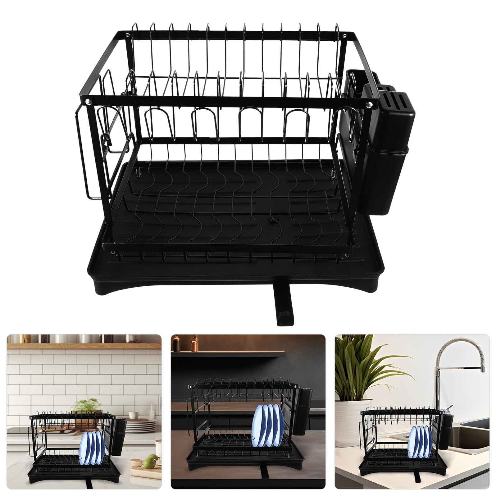 Égouttoir à Vaisselle Design Simple et Chic Effet Drainant en Acier Carbone Noir Compartiments pour Rangement pour Évier ou Plan de Travail Cuisine