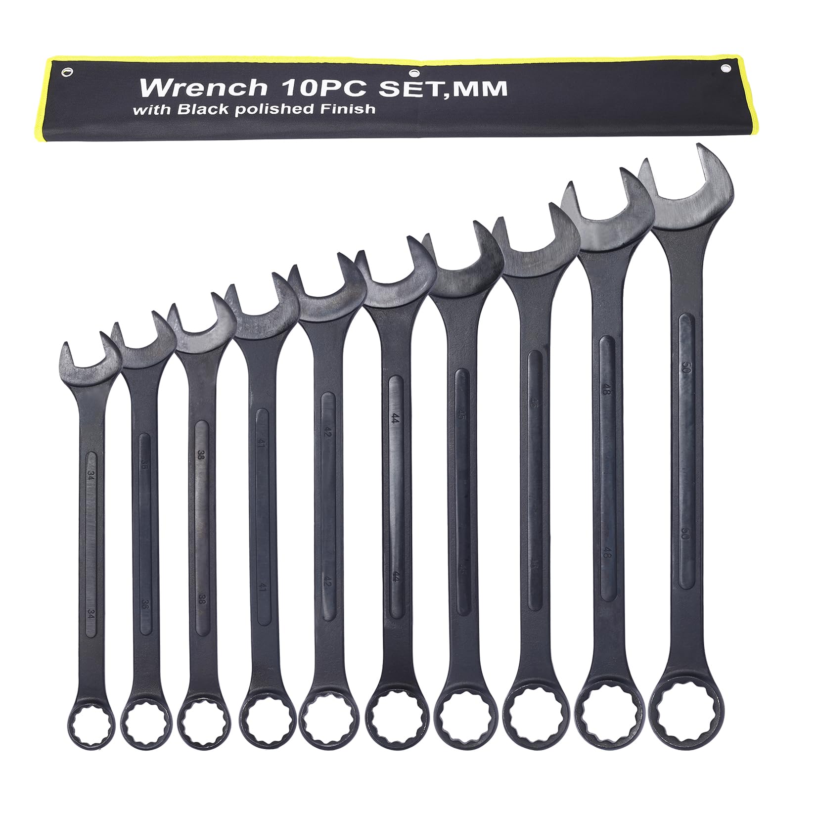 PUDDINER 10-piece Jumbo Wrench Set, 34-50mm Large Combination Wrench Set, Metric Black Oxide Finish with Pouch