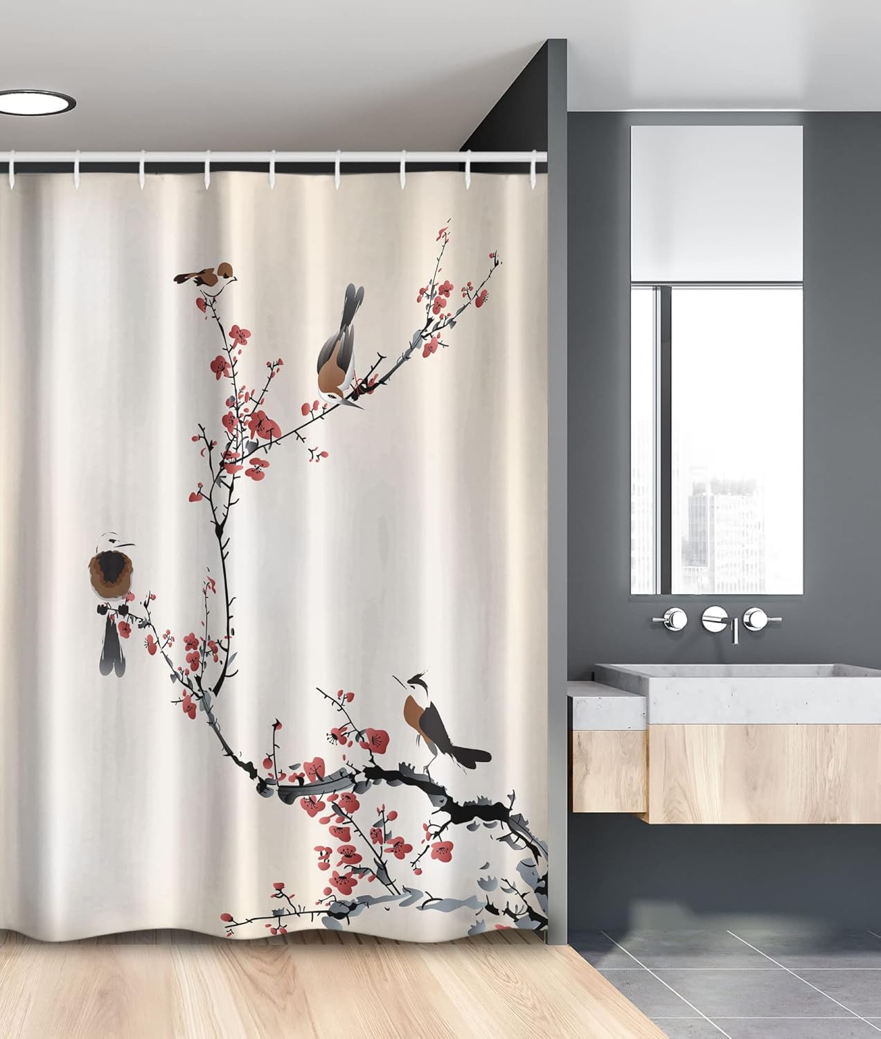Ambesonne Nature Stall Shower Curtain, Birds on Cherry Summer Classic Oriental Illustration Pastel Colored Design, Fabric Bathroom Decor Set with Hooks, 54" W x 78" L, Pale Caramel Ruby