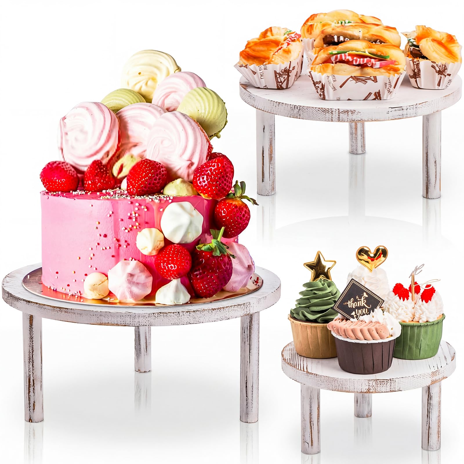 Elsjoy Set mit 3 Runde Nachmittagstee Tortenständer, Holz Kuchenständer, Shabby-Kuchenständer, Einzelhandel Bäckerei Servierständer mit Beinen, Tischdekoration, Geburtstag, Party