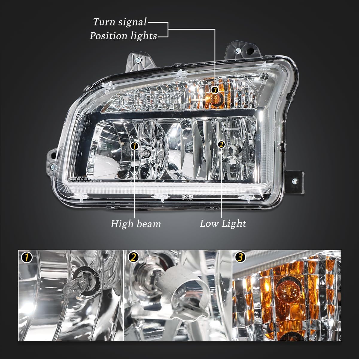 Chrome Headlights Fits Kenworth T880 2014-2023 Headlights Assembly Lamps for Kenworth T880 Replacement Passenger Right Side T880 Semi Truck Accessories (RH)