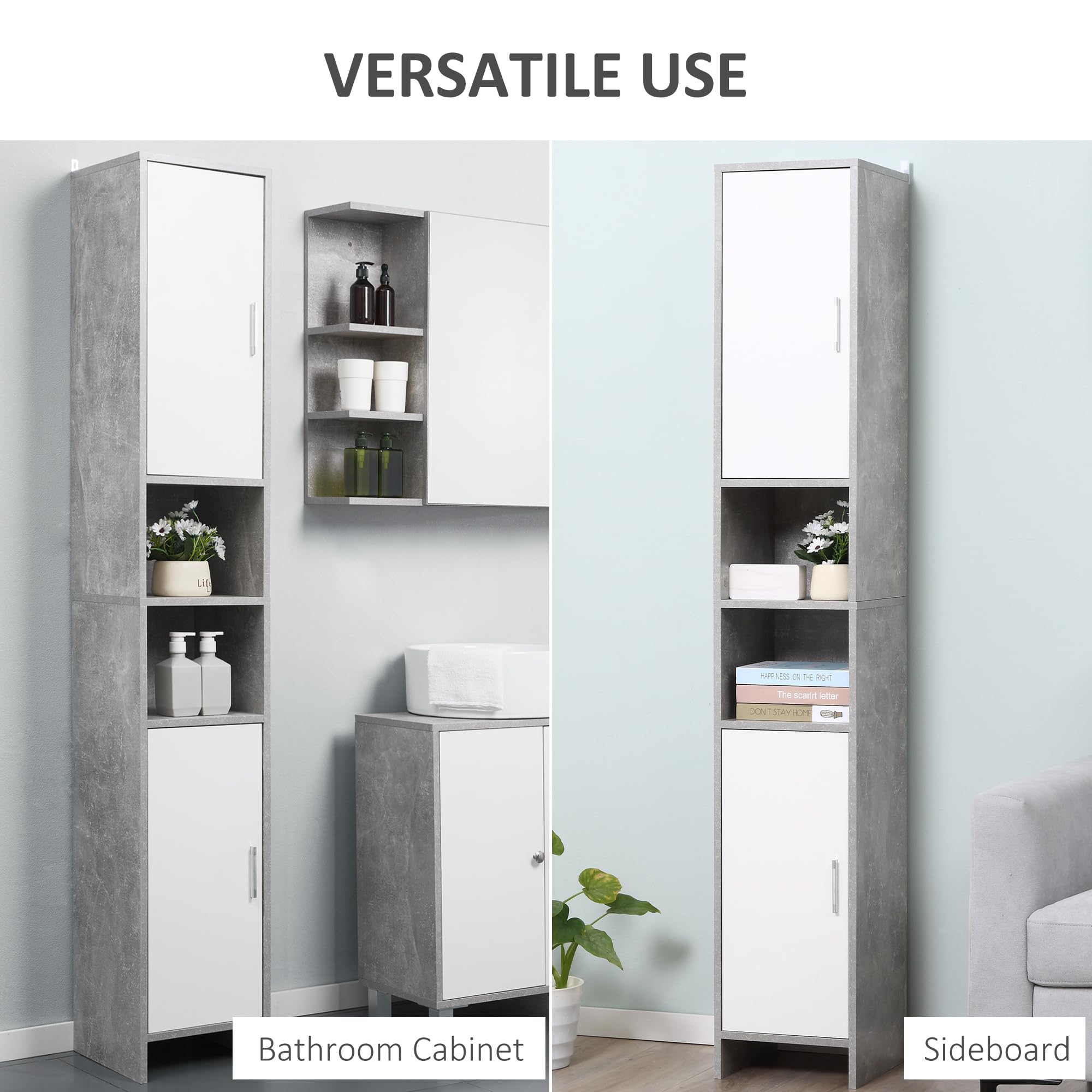 kleankin Armario de baño alto autoportante con 2 armarios Gris | 2 Compartimentos abiertos, organizador de baño delgado, estantes ajustables, base elevada, para sala de estar