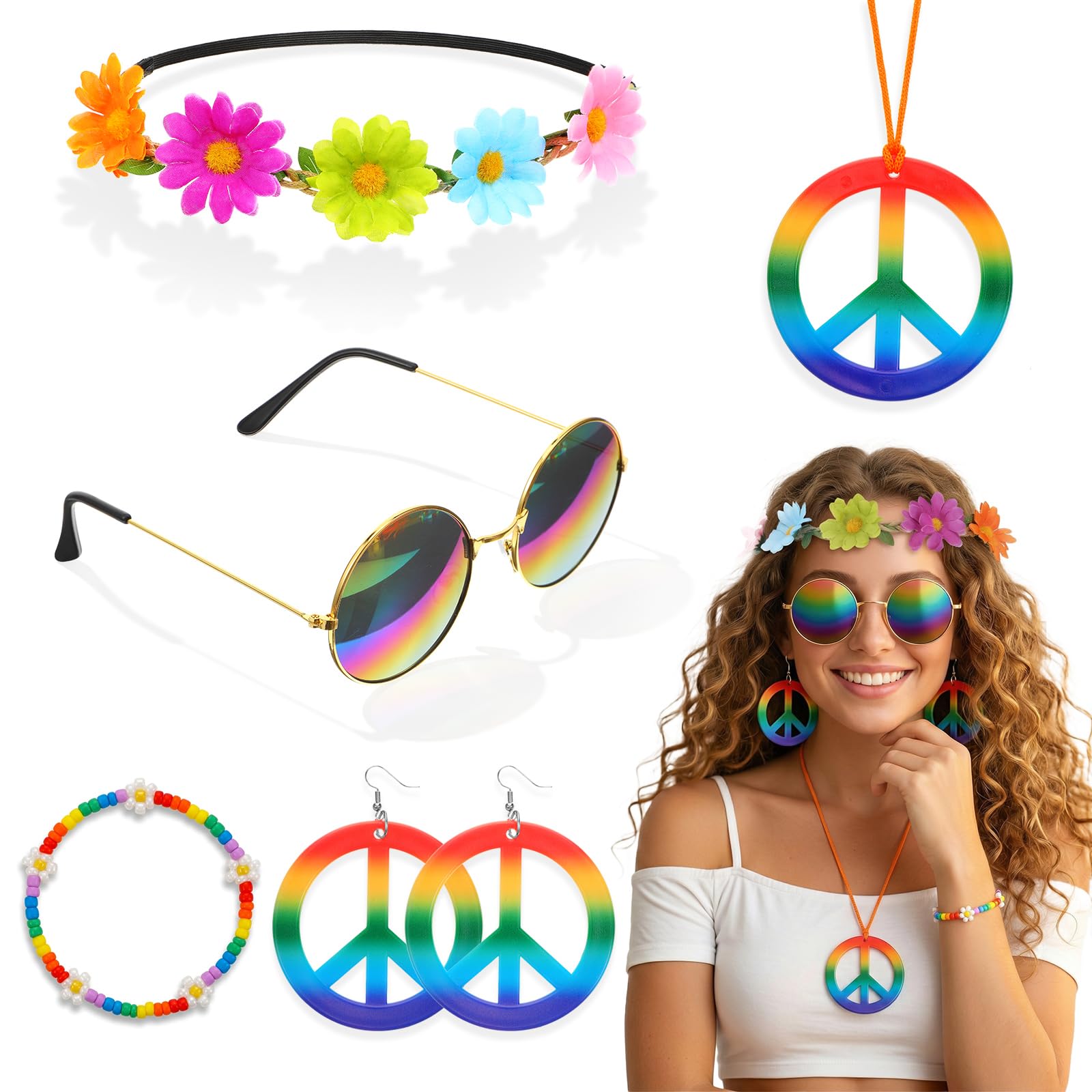 Hpmjz 6Pcs Hippie Costume Accessories Set, Boho Peace Sign Daisy Flower Round Hippie Sunglasses and Peace Sign Necklaces and Earrings 60s 70s Party Favors Decorations for Groovy Party Women Halloween