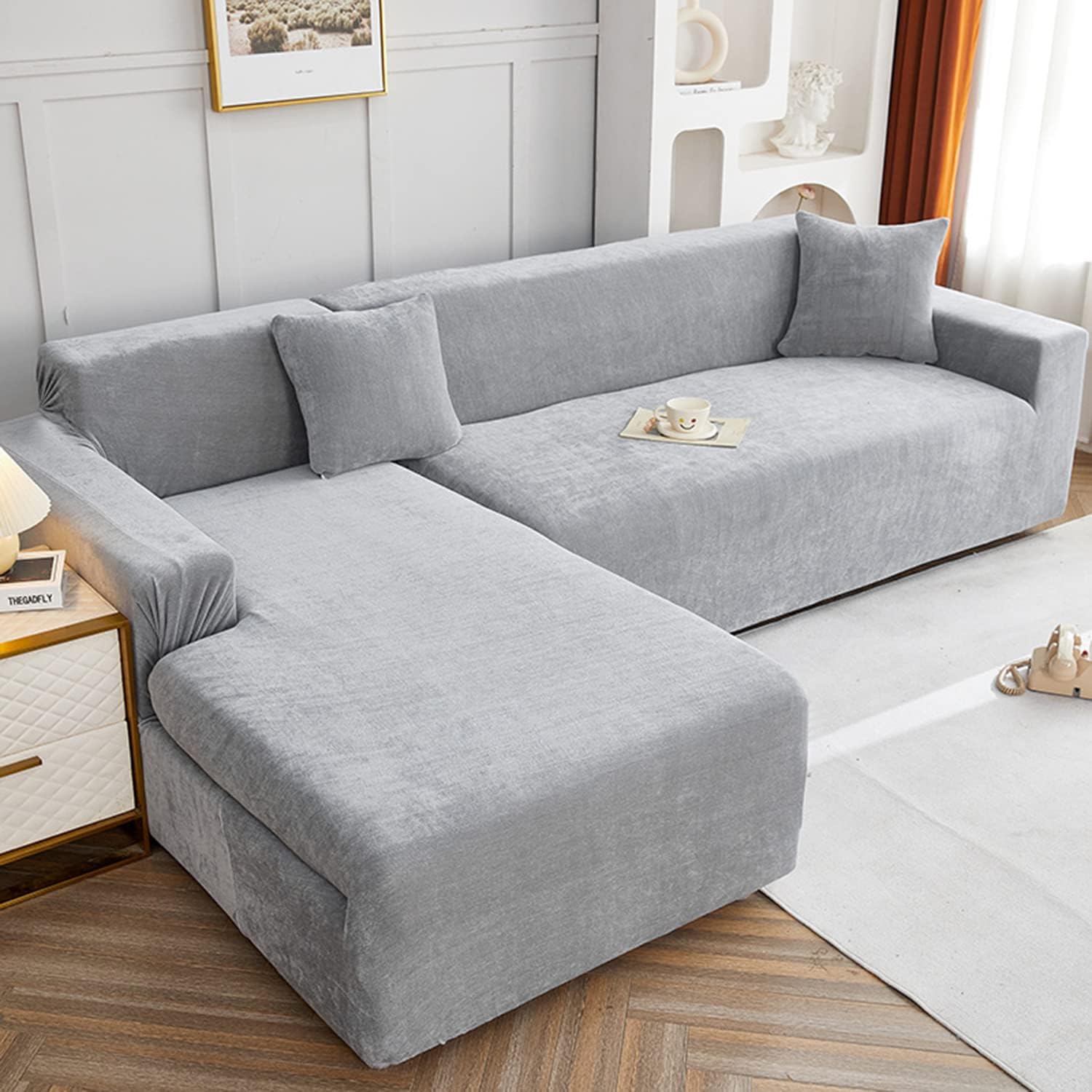 Sofa Cover,Super Stretch Couch Slipcover for Sectional Sofa Set, 2 Pieces Sofa Chaise Covers with Elastic Bottom for Living Room Dog Cat Pets Kids,Grey-4 Seater + 4 Seater