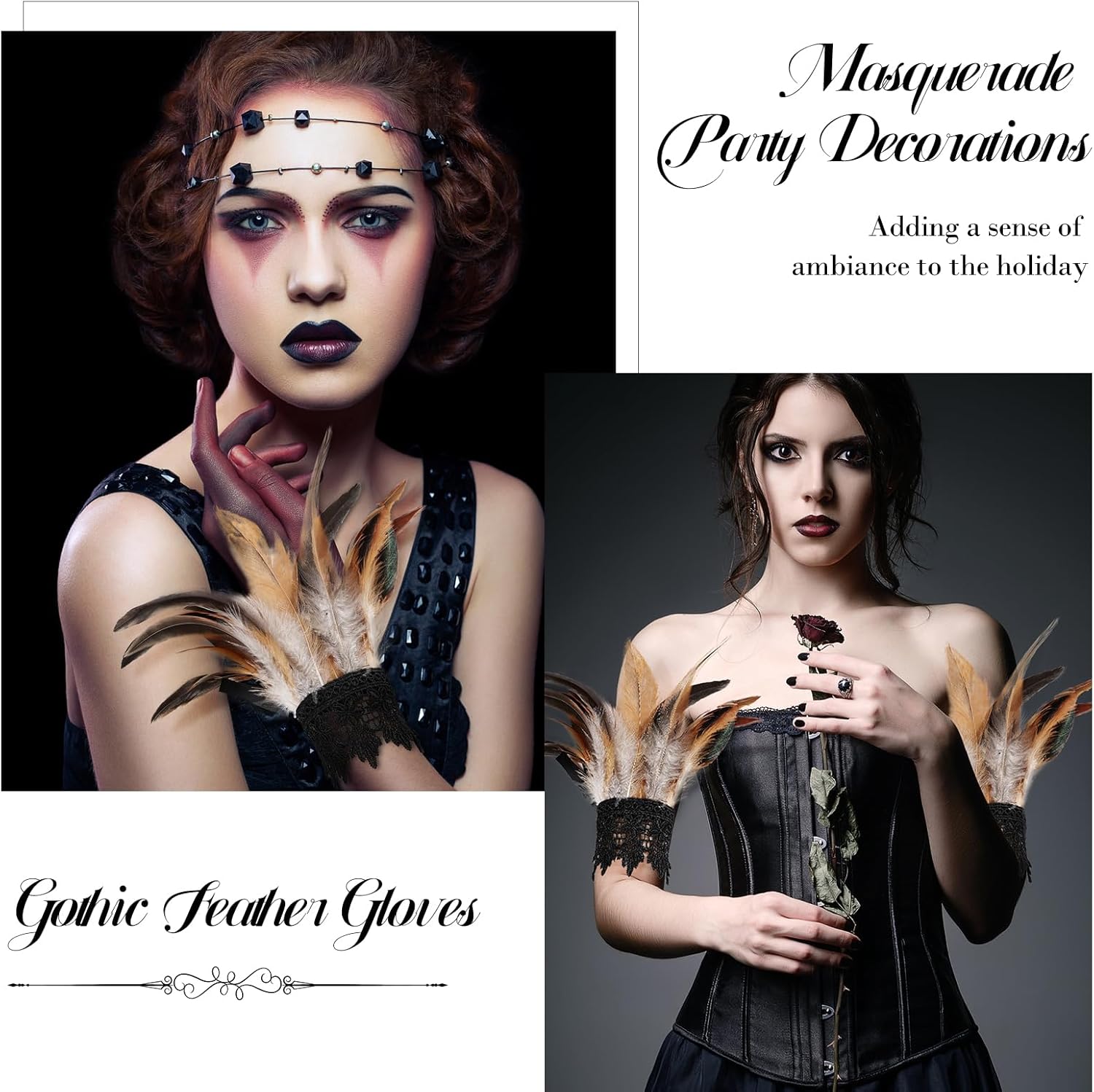 Women's Gothic Lace Feather Gloves Feather Arm Sleeve Wristband Mesh Cuff Cosplay Halloween Costume Accessories - Image 6