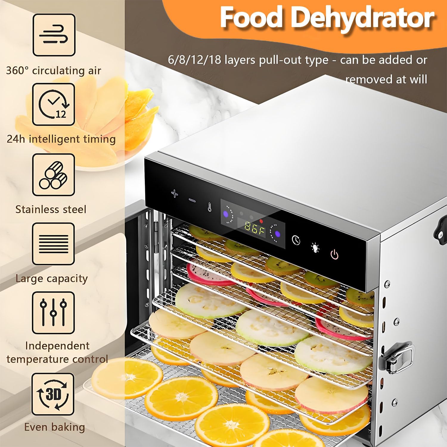 Essiccatore Alimentare Commerciale da 6/8/12/18 vassoi, essiccatore Alimentare in Acciaio Inossidabile - Temperatura Digitale Regolabile 30-90 ℃ per Frutta e Verdura 18-Trays