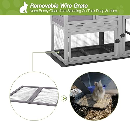 Miniatura 2 de Conejera de interior y exterior, madriguera con puerta para ventilación, conejera de madera con bandeja para no derramar, malla de alambre inferior