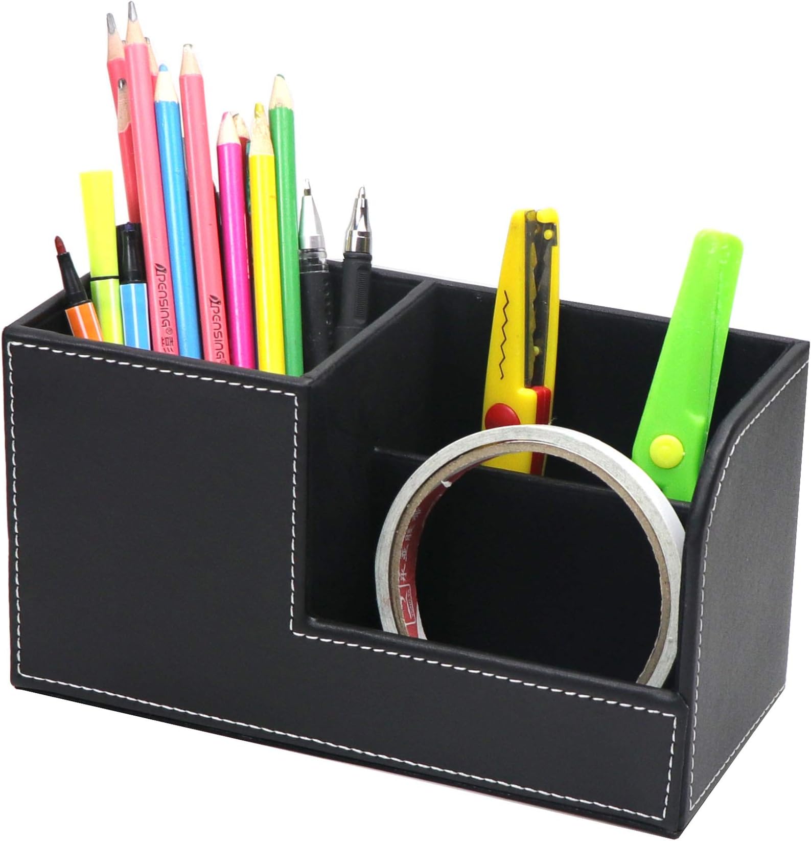 Homeanda Multifunctional desk organiser, 3 storage compartments, pen holder, PU leather pen holder (Black)