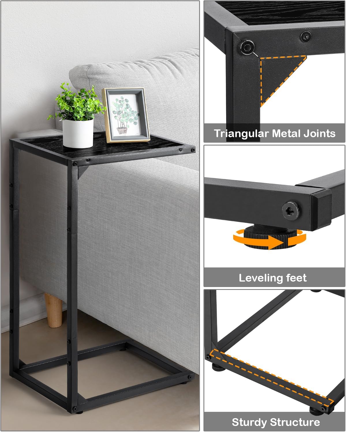 MOOACE C Shaped End Table Set of 2, Snack Side Tables for Sofa, Couch Table for Small Space That Slide Under, TV Trays for Living Room Bedroom, Black