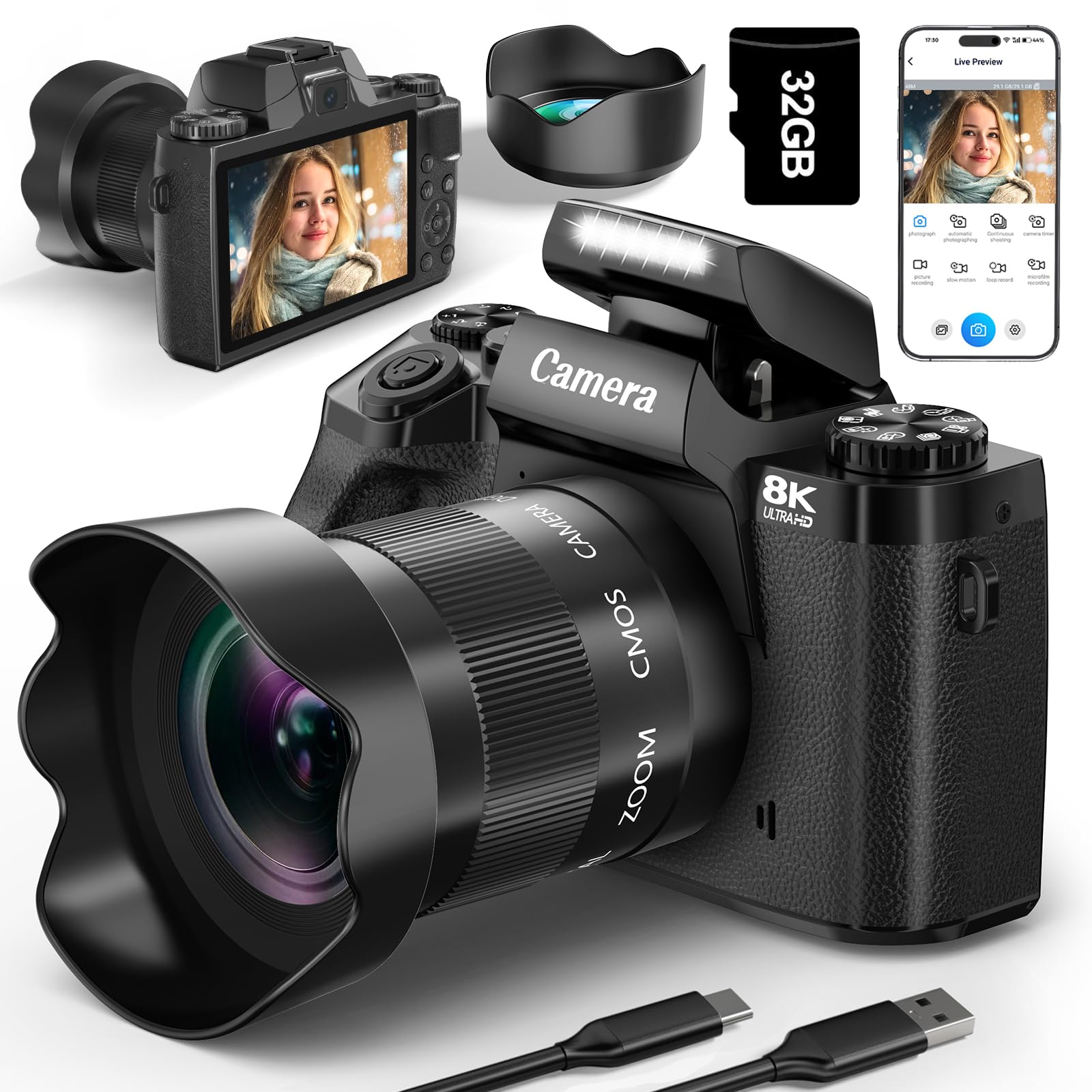 8K Digital Cameras for Photography,64MP WiFi Vlogging Camera for YouTube | 4" Touch Screen,Dual Lens,16X Digital Zoom,Flash,3000mAH Battery,Hot Shoe & 32GB TF Card-image-27