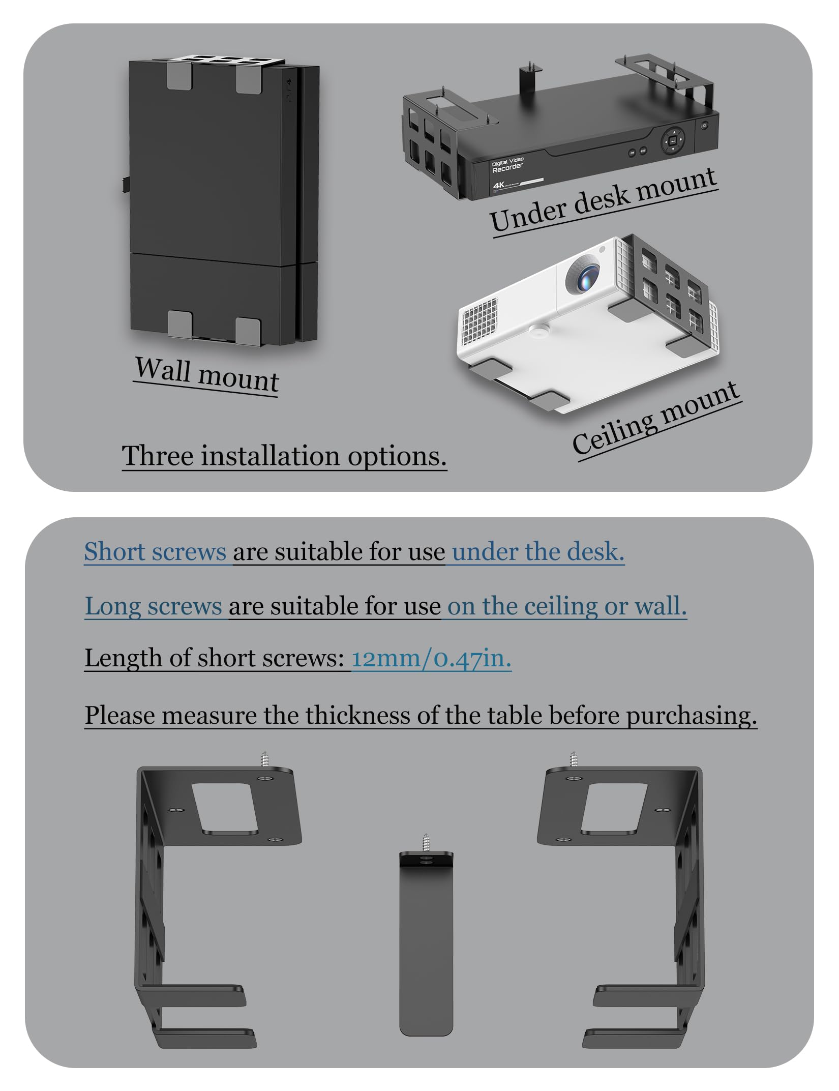 Universelle Untertisch-Halterung, passend für DVD, Spielekonsole, Media-Player, Mini-PC, Dockingstation, Projektor-Deckenhalterung, passend für alle anderen Geräte mit einer Dicke von 1,5 cm