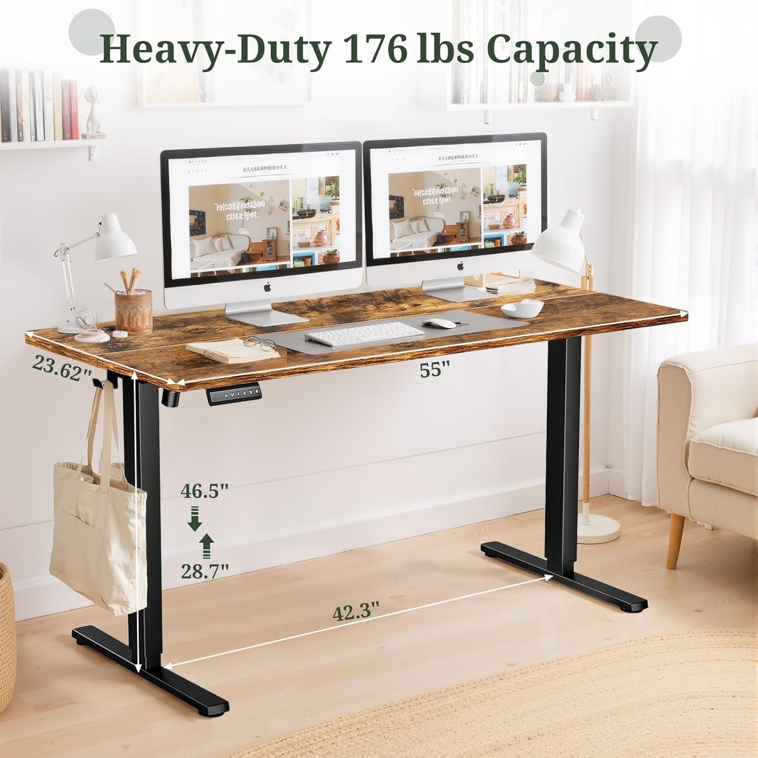 55 x 24 in Electric Standing Desk - Memory Height Adjustable Ergonomic Sit-to-Stand Rising Computer Table Gaming Workstations with 2 Hooks and Wire Hole for Home Office, Brown
