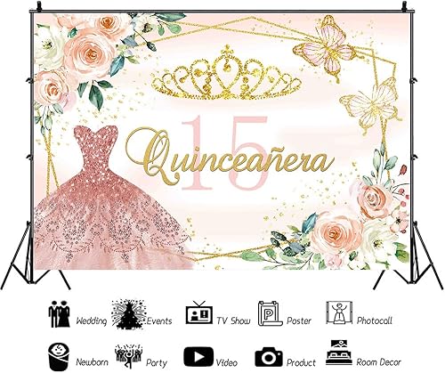Miniatura 5 de Telones de fondo de cumpleaños de quinceañera Mis Quince Anos 15 cumpleaños fotografía fondo rosa floral mariposa vestido de fondo de foto de