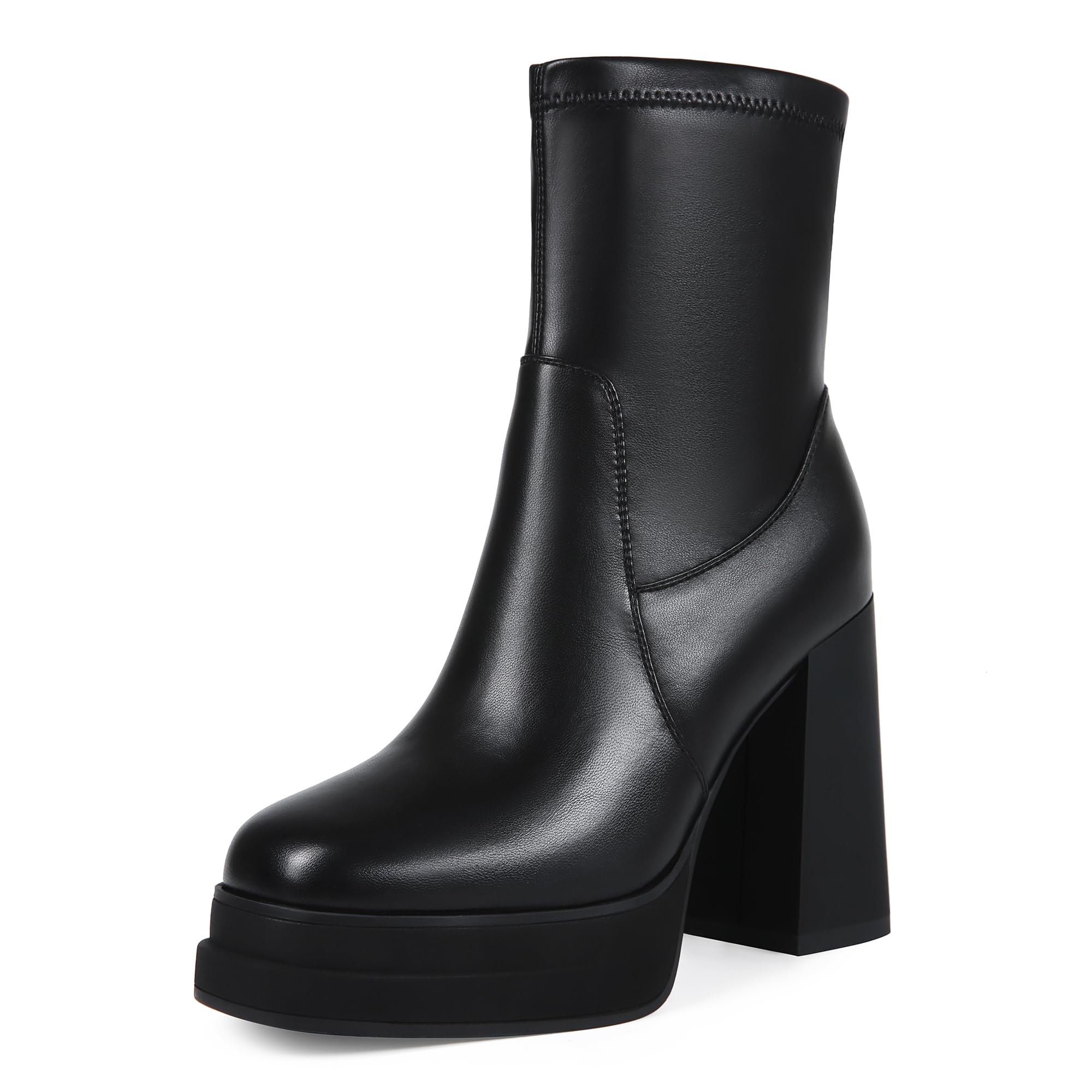 Womens Platform Ankle Boots Chunky High Heel Square Toe Stretch Short Gogo Combat Boots Booties for Women