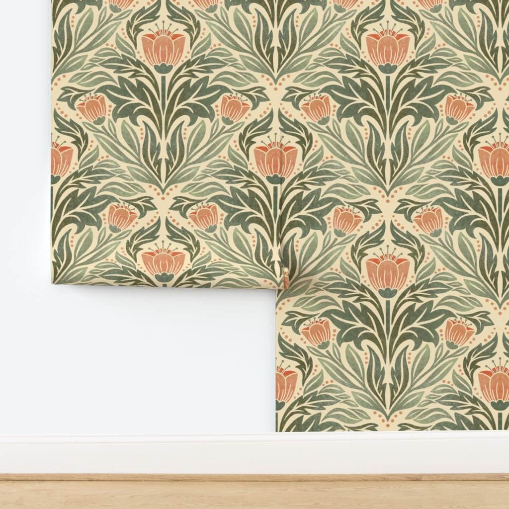 Spoonflower Removable Wallpaper Swatch - Block Print Floral Orange Tulip Damask Rustic Farmhouse Flowers Green Leaves Custom Pre-Pasted Wallpaper