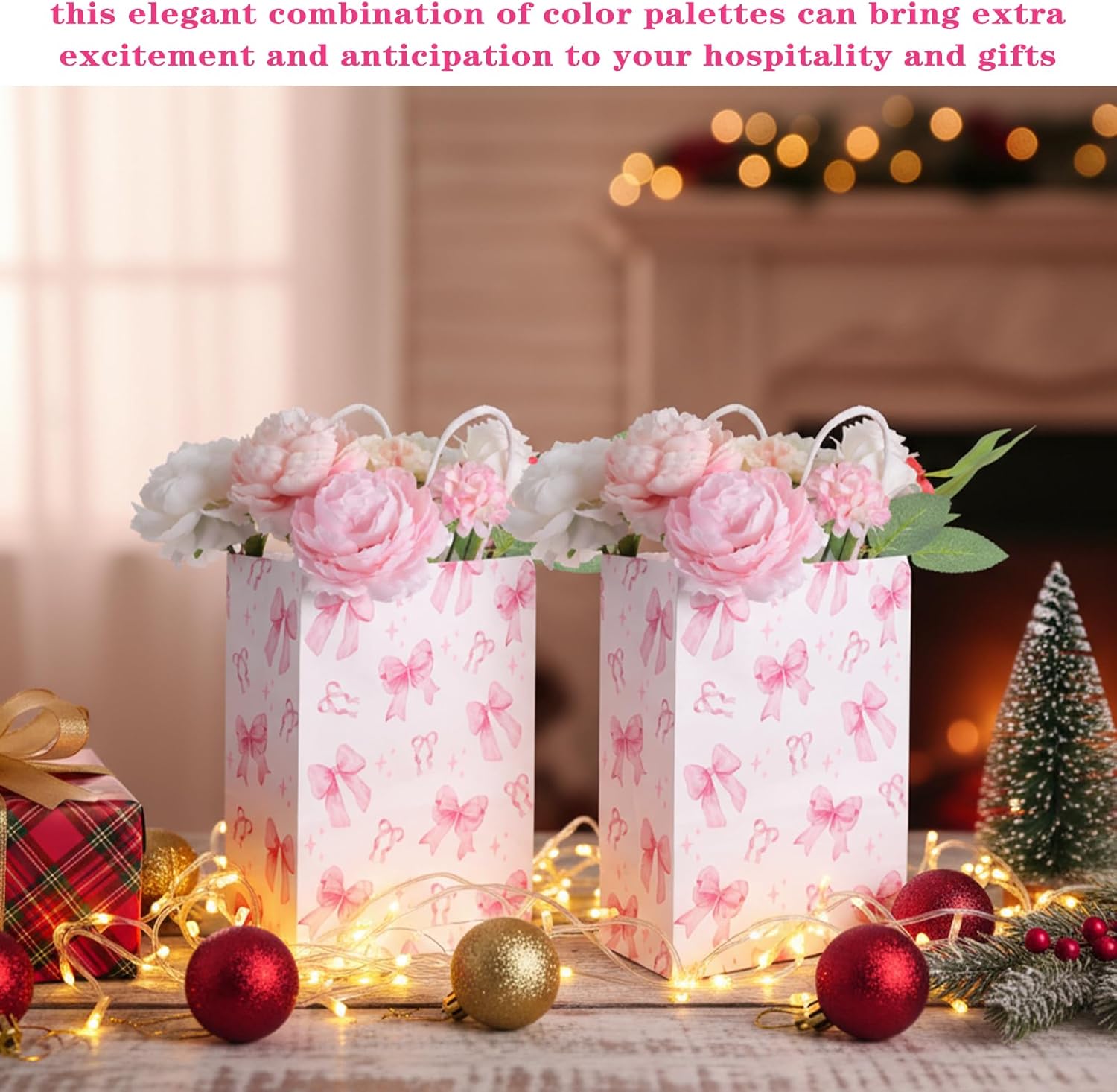 Oqqlin 48 Pcs Bow Paper Gift Bags with Handles, 8.3 x 5.9 x 3.1 Inch Pink Bow Print White Paper Bags Party Favor Goodie Candy Tote Bag for Birthday, Wedding, Baby Shower, Valentine's Day - Image 6