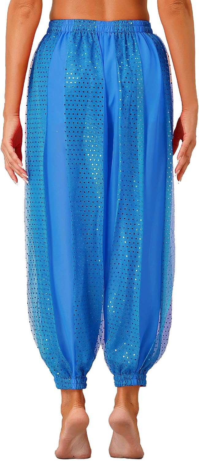 JEYPINMI Women's Belly Dance Bloomers Sequins Dots Chiffon Pants Party Club Wear